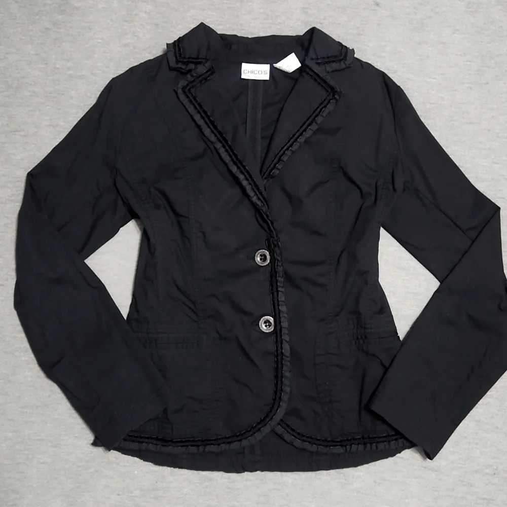 Chico's Boho Black Velvet Fringe Tailored Casual Cotton Blazer Jacket Coat